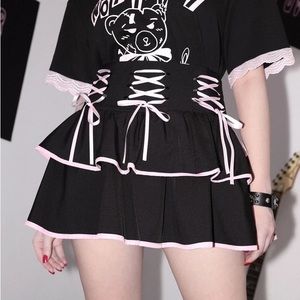 Sweetness Contrast Binding Ruffle Hem Lace Up Waist Skirt